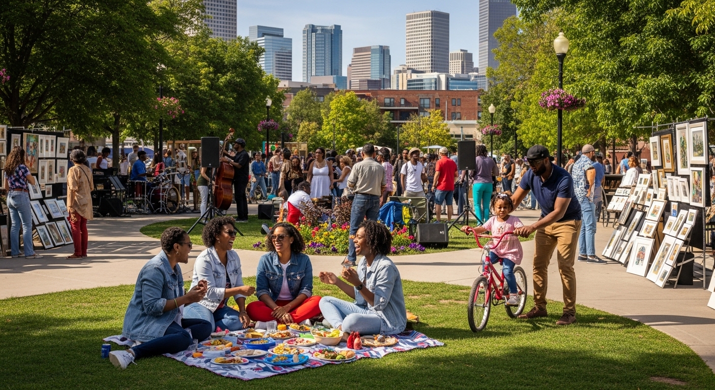 A diverse group of people enjoying a sunny day in a vibrant Colorado park.